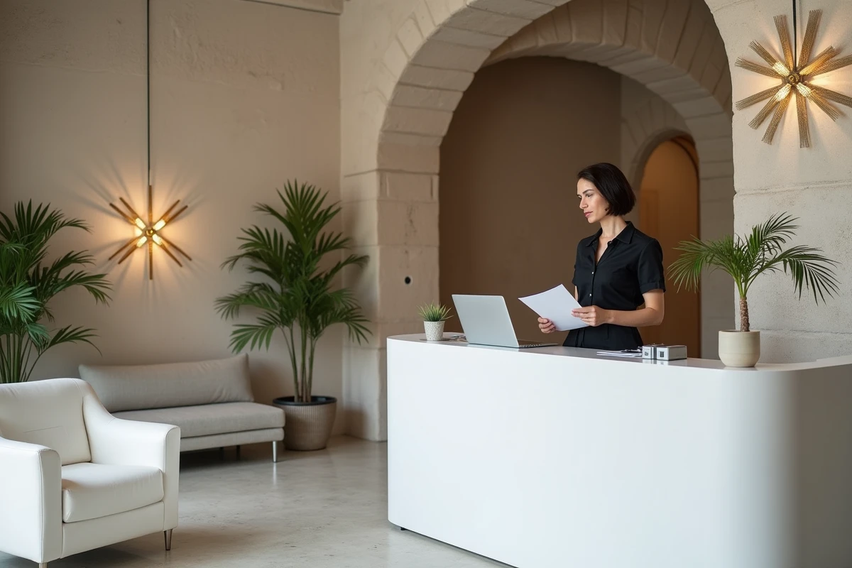 Accueil moderne d'un centre de détatouage laser dans le Marais à Paris, réceptionniste devant un comptoir élégant dans un intérieur design