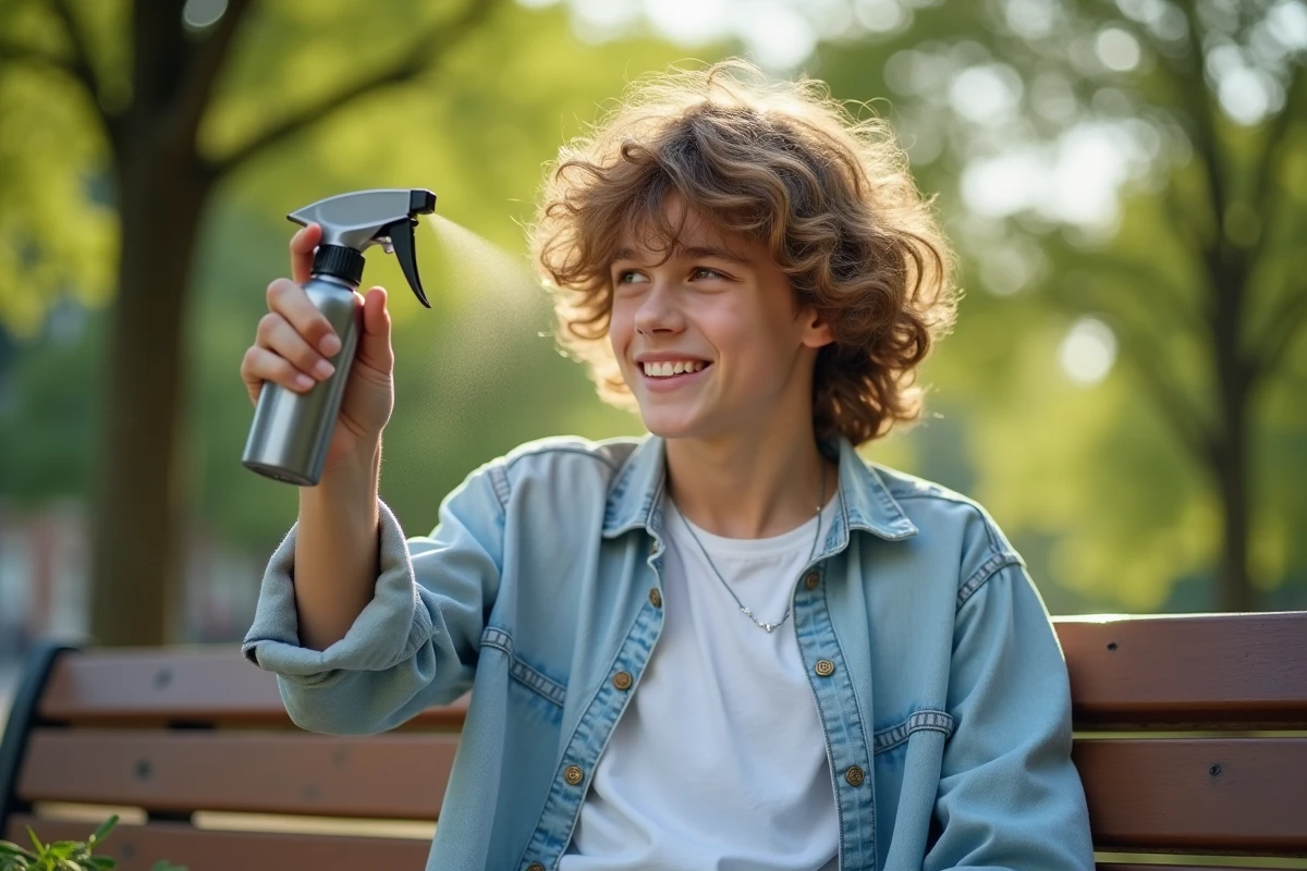 Adolescent avec boucles détendues dans un parc urbain