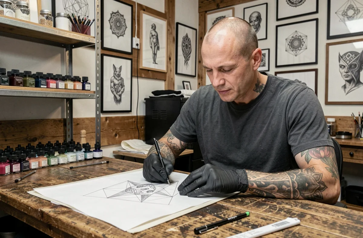 Tatoueur d'Alin'k Tattoo à Neuville-Aux-Bois en train de dessiner un motif géométrique personnalisé sur du papier calque dans son studio aux accents bois et métal