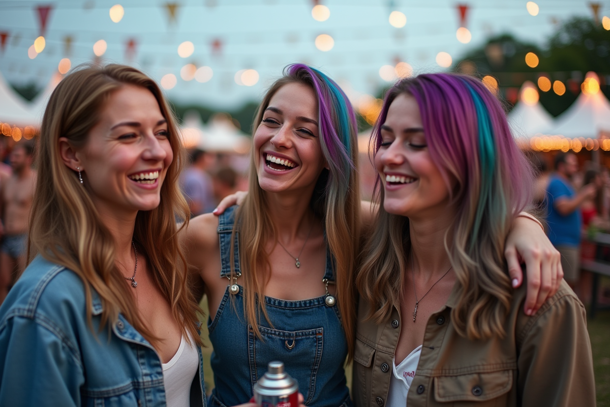 Groupe d amis riant avec cheveux colorés lors d un festival