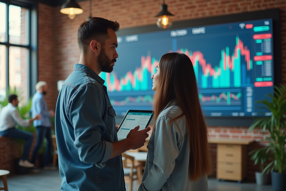 Homme et femme analysant des données dans un espace de coworking