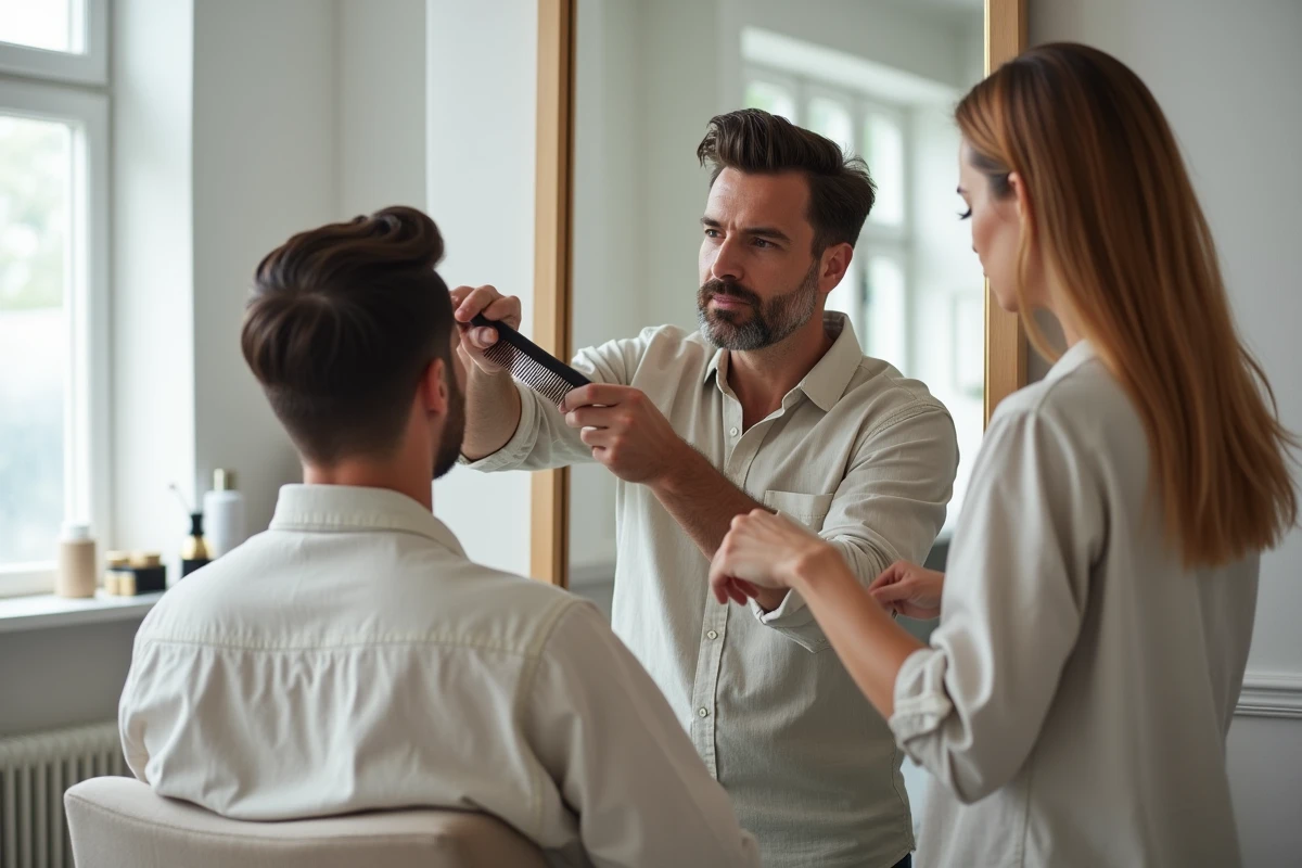 Coiffeur analysant une implantation avec épi et golfe naturel sur un client d'âge moyen dans un salon moderne