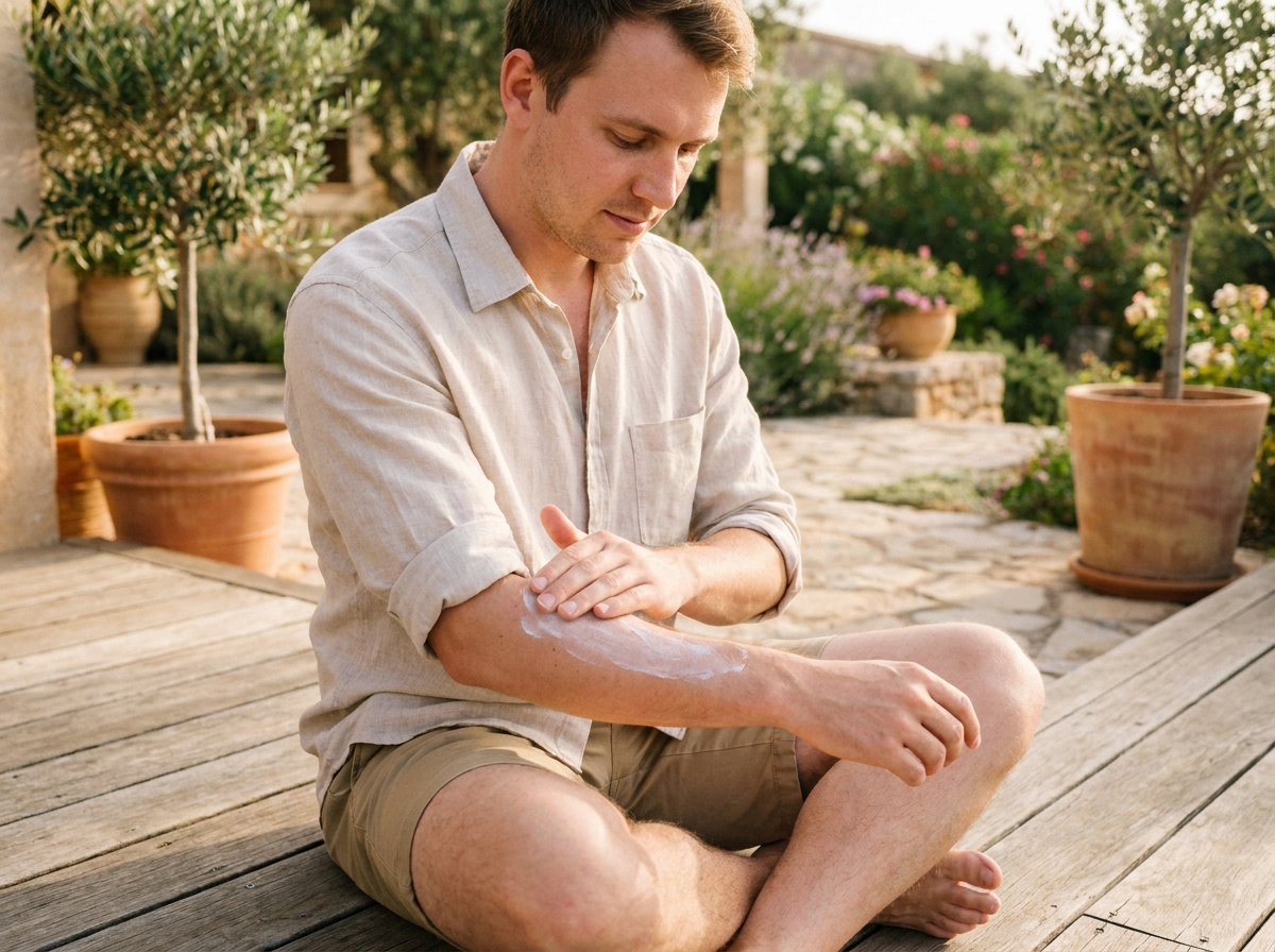 Homme appliquant de la crème solaire sur ses bras sur une terrasse extérieure, protection de la peau avant l'été