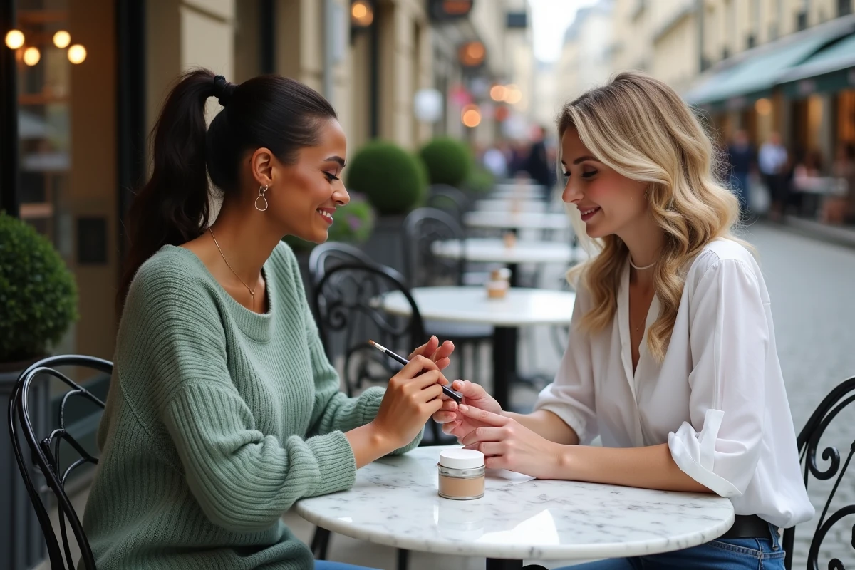 Deux femmes sur une terrasse de café appliquant du vernis Dip Powder sur des ongles en extérieur