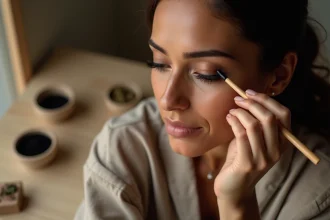 Femme appliquant du khôl naturel sans plomb avec un applicateur en bois devant une coiffeuse en bois avec pigments naturels