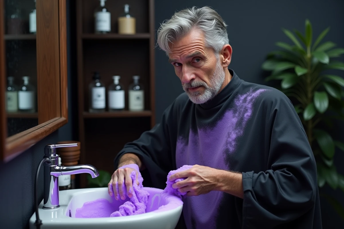 Homme appliquant un shampooing violet anti-jaunissement sur ses cheveux gris dans une salle de bain style barbier