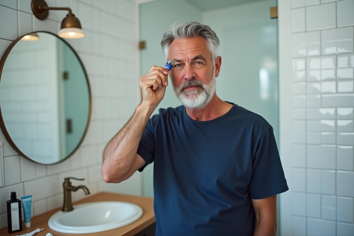 Homme dans sa salle de bain appliquant une teinture sans ammoniaque sur ses cheveux gris avec un applicateur