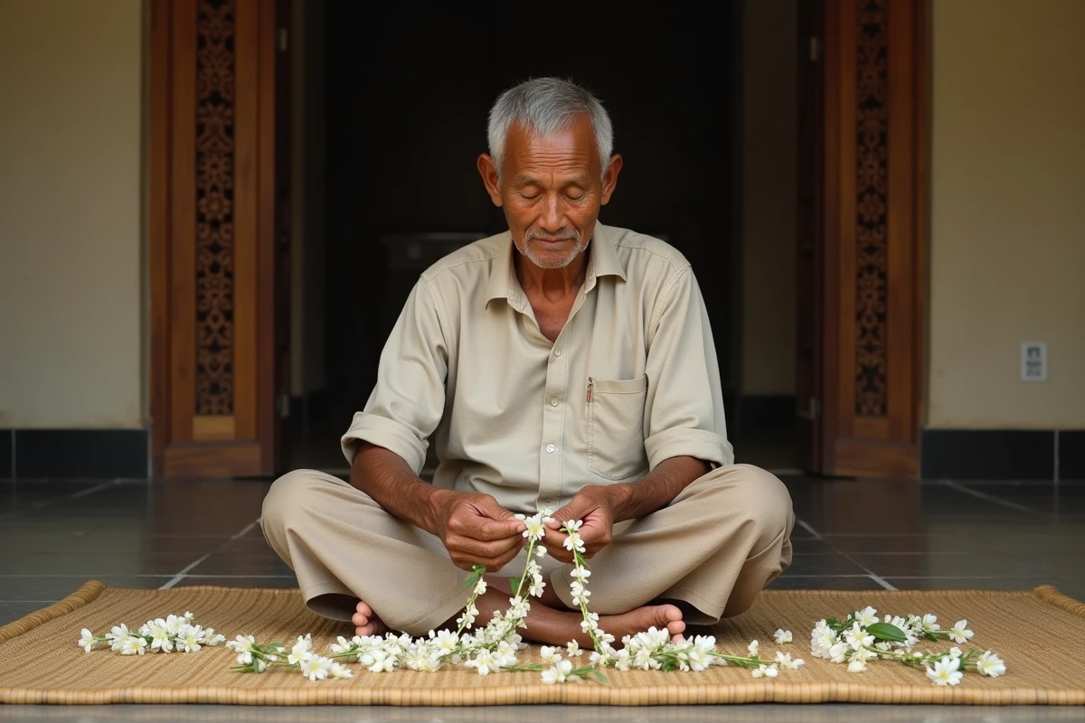 Artisan balinais âgé façonnant des fleurs de jasmin