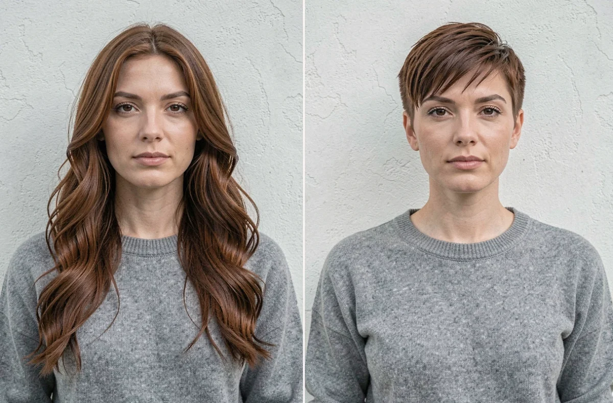 Photo avant-après transformation cheveux longs vers coupe courte pixie sur femme aux cheveux châtains