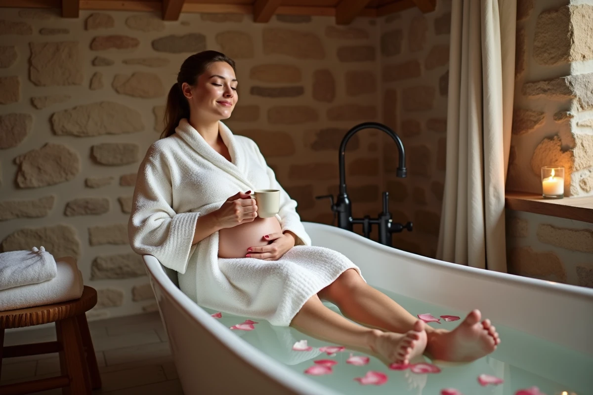 Femme enceinte se détendant avec un bain de pieds aux pétales de rose dans une salle de bain rustique, rituel bien-être maternité