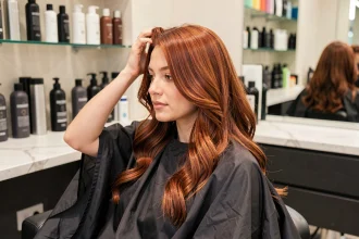 Femme aux cheveux balayage roux assise dans un fauteuil de salon de coiffure, examinant ses reflets cuivrés dans le miroir