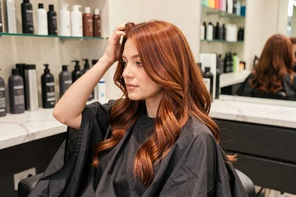 Femme aux cheveux balayage roux assise dans un fauteuil de salon de coiffure, examinant ses reflets cuivrés dans le miroir
