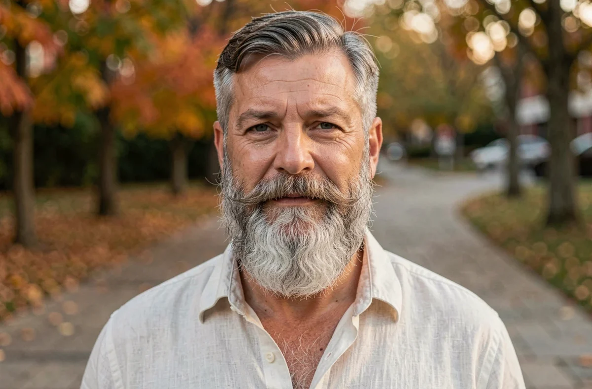 Homme de cinquante ans avec une barbe longue poivre et sel élégamment taillée, portrait en extérieur dans un parc en automne