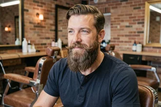 Homme dans la trentaine avec une barbe longue bien taillée dans un salon de coiffure moderne, style soigné et masculin