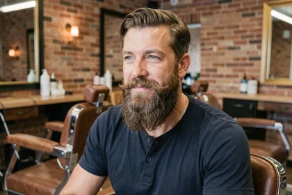 Homme dans la trentaine avec une barbe longue bien taillée dans un salon de coiffure moderne, style soigné et masculin