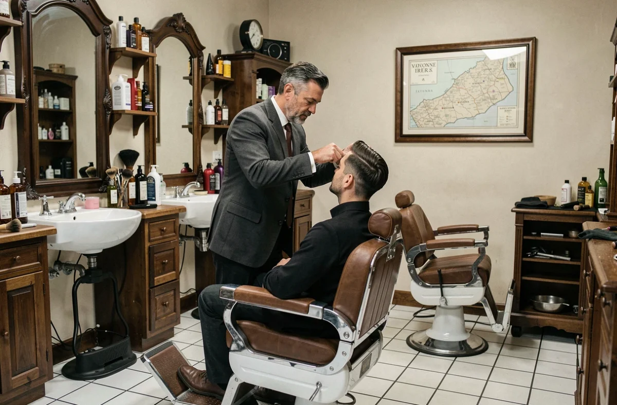 Barbier masculin en train de coiffer un client dans un salon de coiffure traditionnel et moderne à Bayonne dans les Pyrénées-Atlantiques