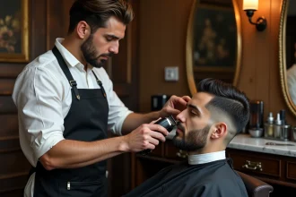 Barbier professionnel corrigeant une implantation de cheveux difficile avec une tondeuse de précision dans un salon vintage