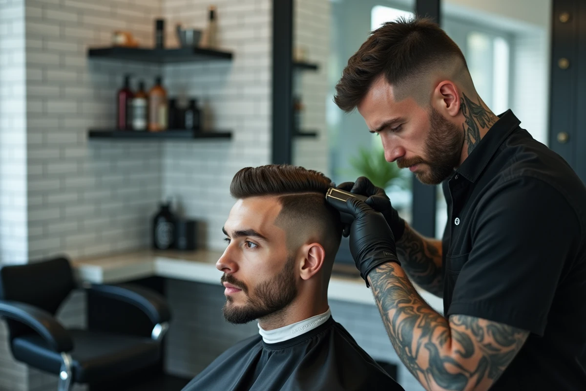 Barbier professionnel réalisant un dégradé fade tapered sur un client dans un salon de coiffure moderne