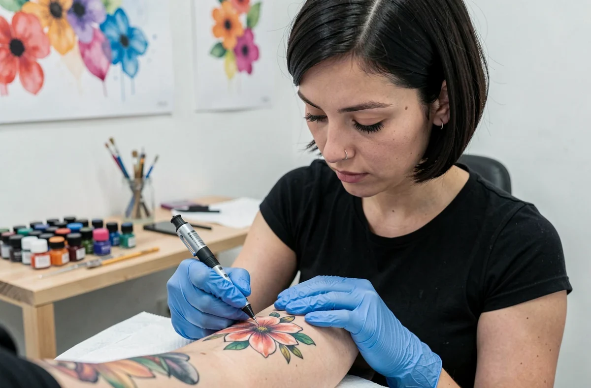 Beatrice Myself, tatoueuse à Tours, appliquant un tatouage floral en aquarelle sur l'épaule d'une cliente dans son studio moderne aux murs blancs ornés de prints colorés