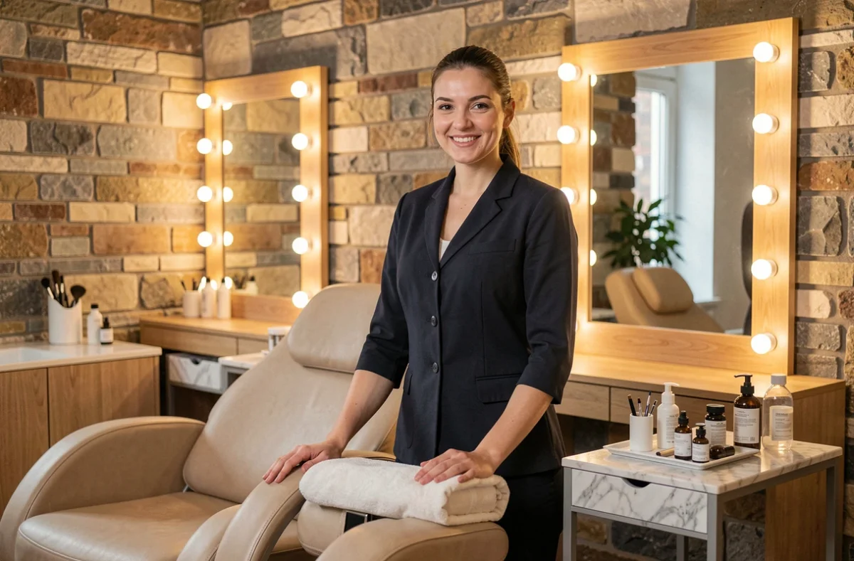 Esthéticienne souriante en uniforme sombre dans le studio moderne de Bella en Sy - Sylvia Esthétique à Strasbourg, avec mur en pierre et miroir à ampoules