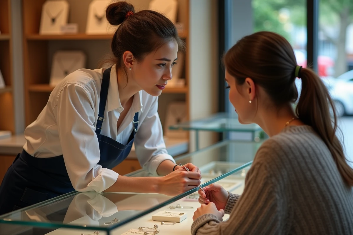 Bijoutière conseillant une cliente sur le piercing haut de l'oreille dans une bijouterie élégante avec vitrines de bijoux