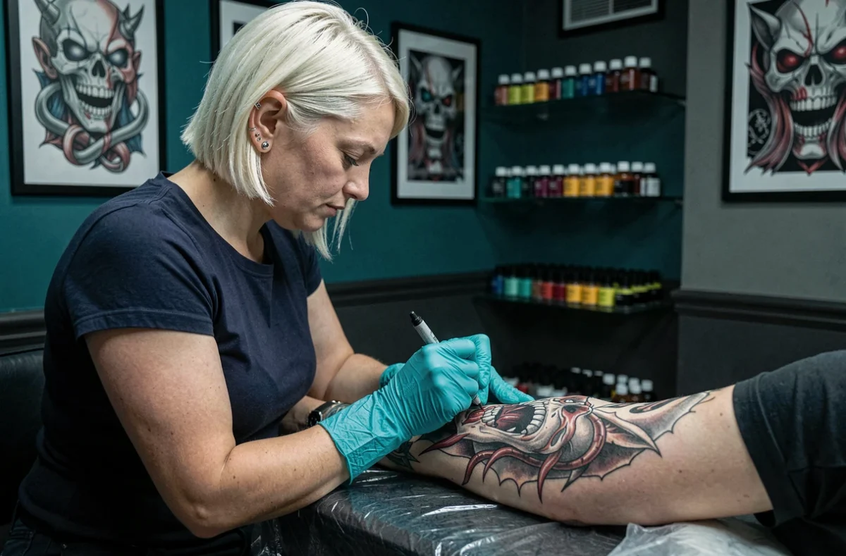 Tatoueuse de Bleu Venin à Orléans réalisant un tatouage illustratif saisissant sur l'avant-bras d'un client dans un studio aux murs teinte sarcelle et décor sombre et artistique