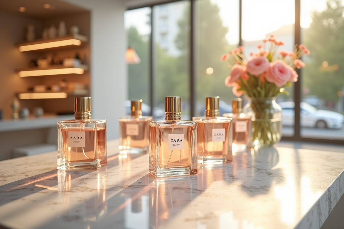 Gros plan sur des bouteilles Zara sur un comptoir en marbre dans une boutique