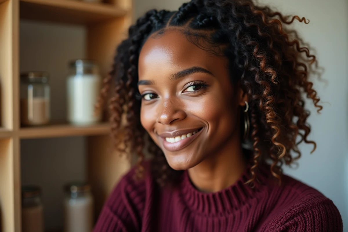 Gros plan sur un braid out ouvert révélant des vagues naturelles définies avec une crème coiffante, sur cheveux naturels avec reflets chauds