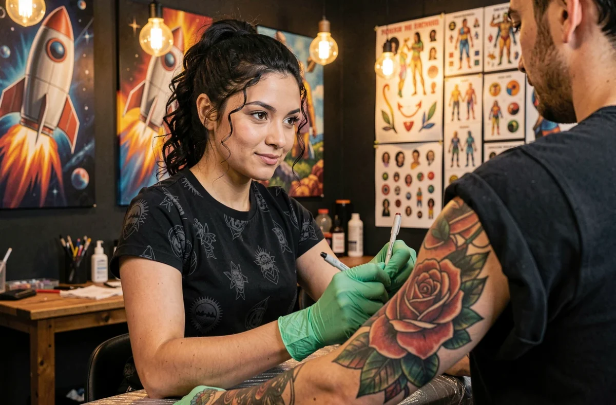 Chadia Ash de Glove & Rockets à Tours réalisant un tatouage néo-traditionnel de rose sur le bras d'un client dans un studio éclectique aux murs sombres et décor spatial