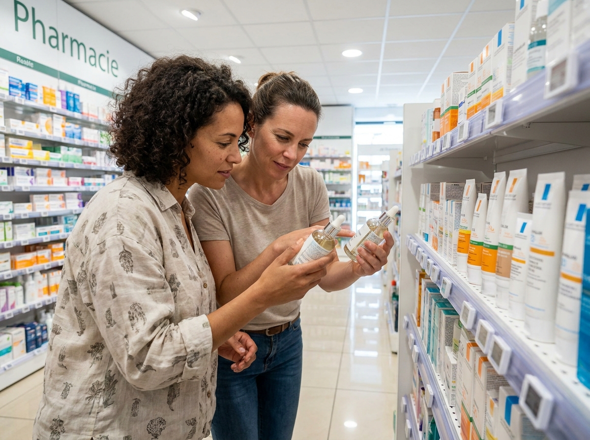 Deux femmes comparant des produits de soin en pharmacie pour préparer leur peau avant l'été