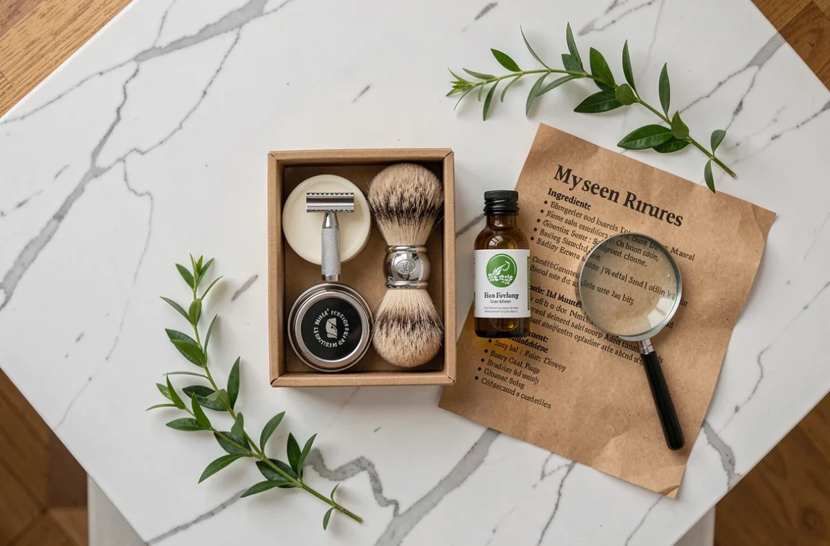 Coffret rasage homme éco-responsable avec étiquettes d'ingrédients sur marbre blanc, vue de dessus