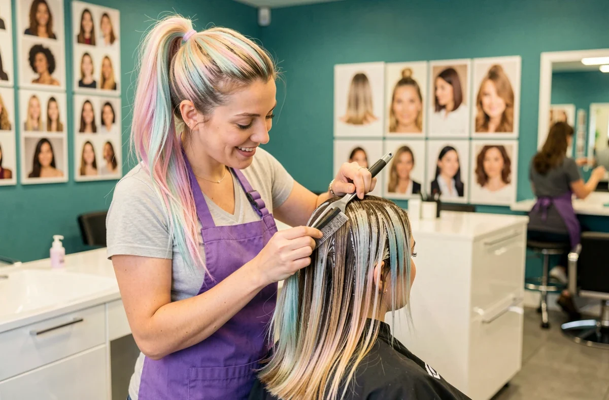 Coiffeuse de Coif Mode à Poissy appliquant un soin colorant sur une cliente