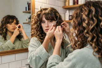 Femme aux cheveux bouclés avec frange appliquant une crème coiffante devant son miroir de salle de bain