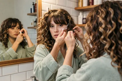 Femme aux cheveux bouclés avec frange appliquant une crème coiffante devant son miroir de salle de bain