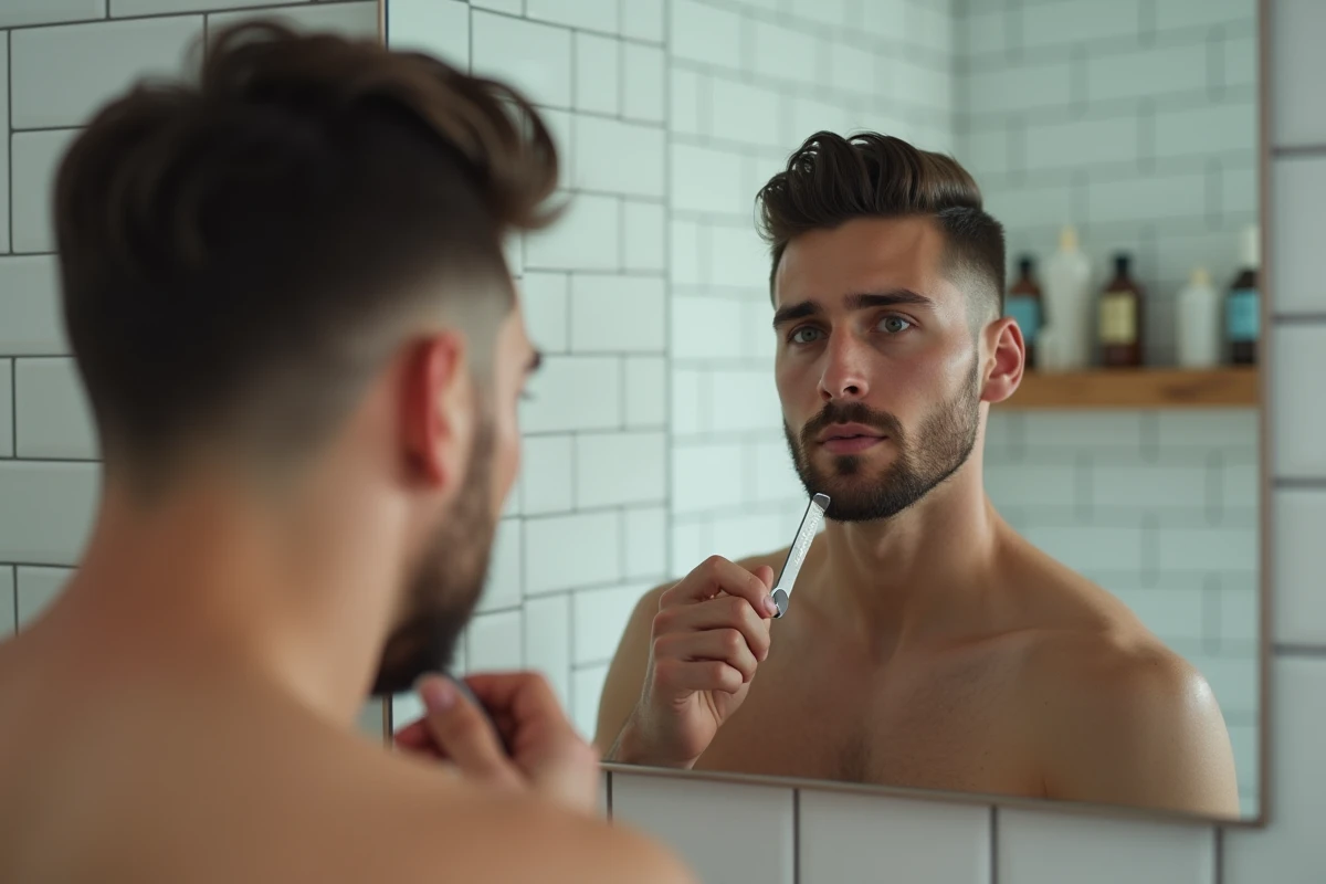 Jeune homme coiffant ses cheveux avec un double épi et des golfes prononcés devant un miroir de salle de bain