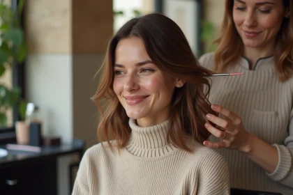 Femme souriante en salon de coiffure à Lyon