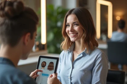 Femme souriante dans un salon de coiffure moderne