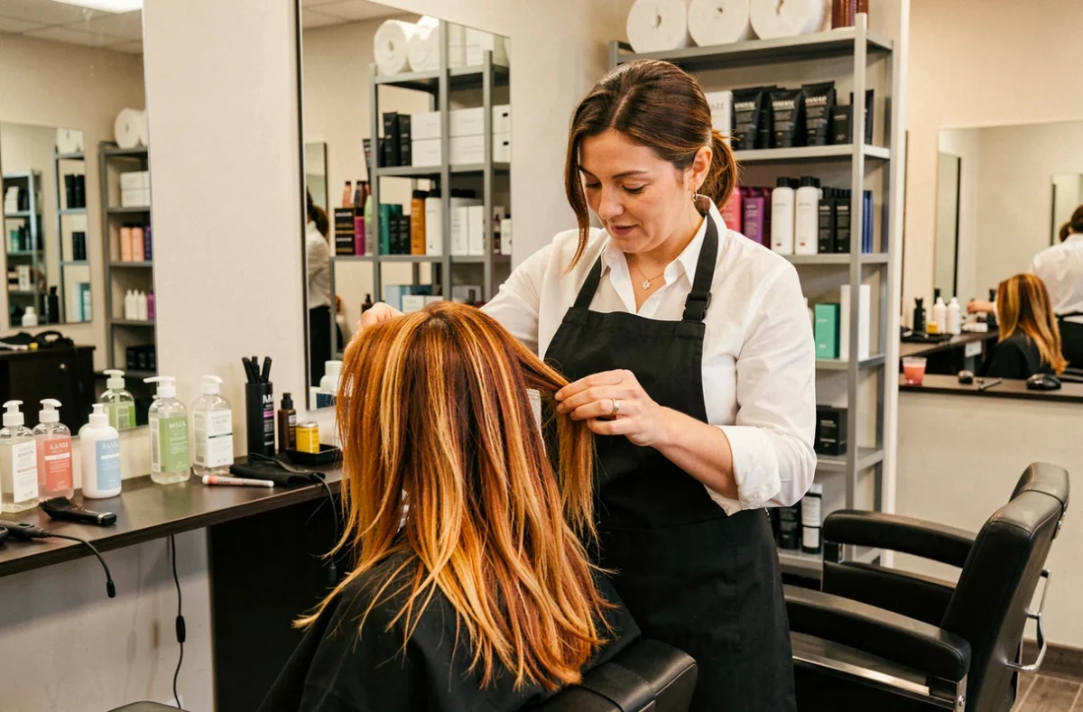 Coiffeuse professionnelle examinant les cheveux abîmés d'une cliente dans un salon de coiffure