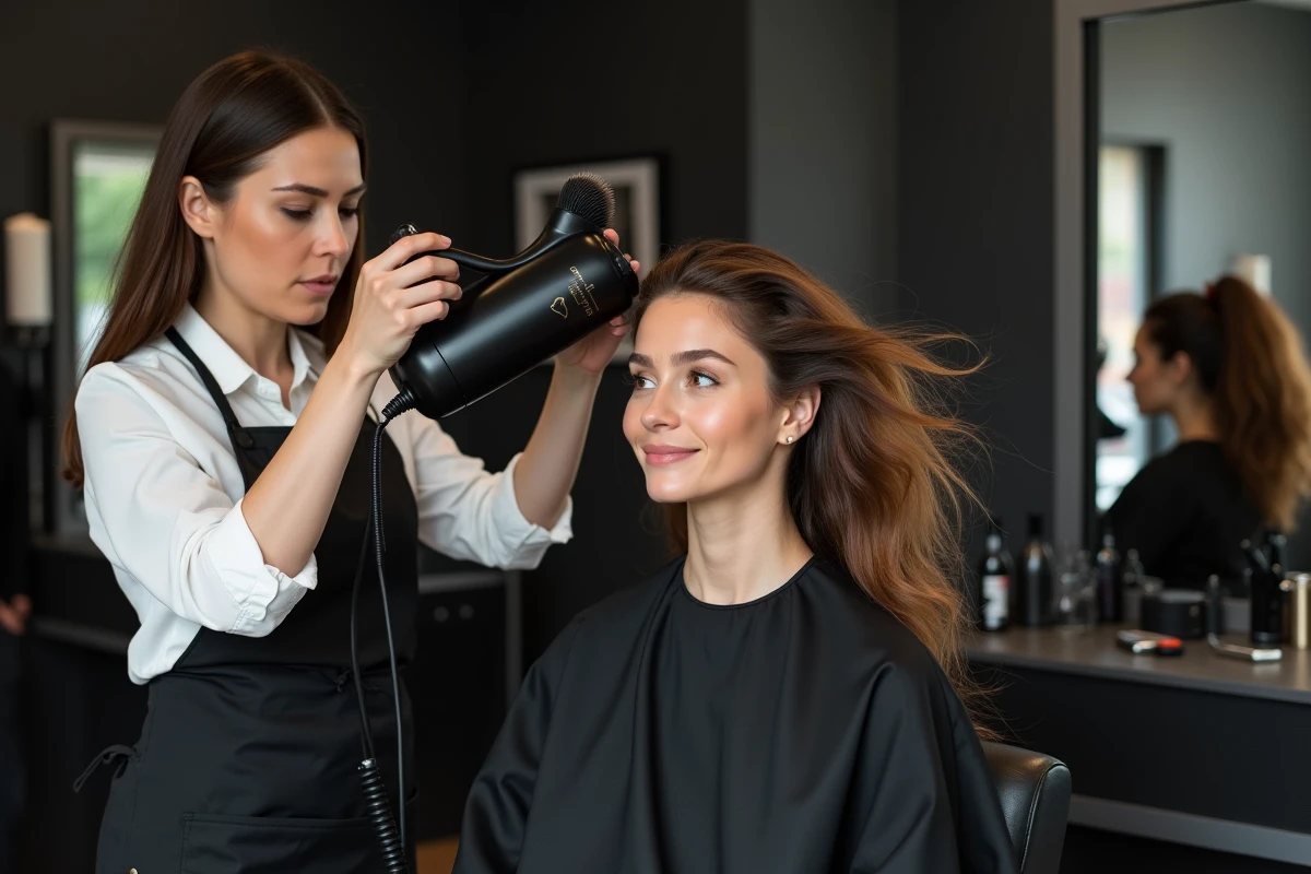 Coiffeuse professionnelle réalisant un brushing volumisant sur cheveux fins en salon haut de gamme