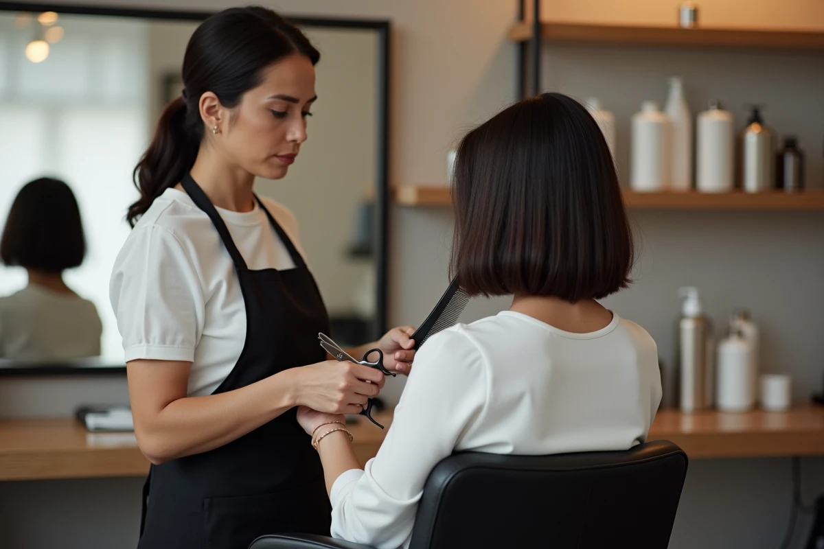 Coiffeuse professionnelle vérifiant la nuque d'un carré dégradé avec des inégalités visibles