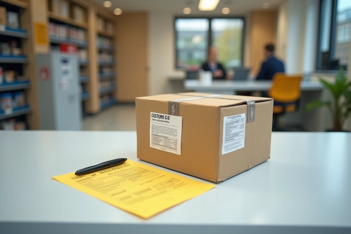 Colis international avec formulaire de déclaration douanière et avis de taxe sur un comptoir de bureau de poste