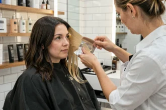 Coloriste appliquant une coloration blonde sur cheveux châtain foncé sans décoloration en salon de coiffure professionnel