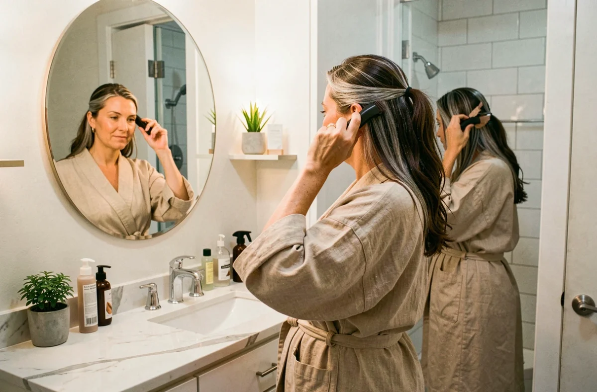 Femme appliquant une coloration racine à domicile dans une salle de bain, reflet dans un miroir rond