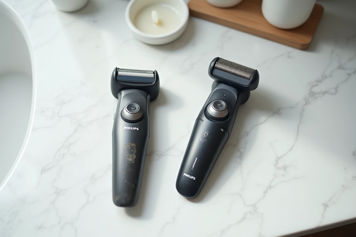 Comparaison entre un ancien modèle OneBlade et un nouveau modèle compatible avec la tête 360 sur un comptoir en marbre