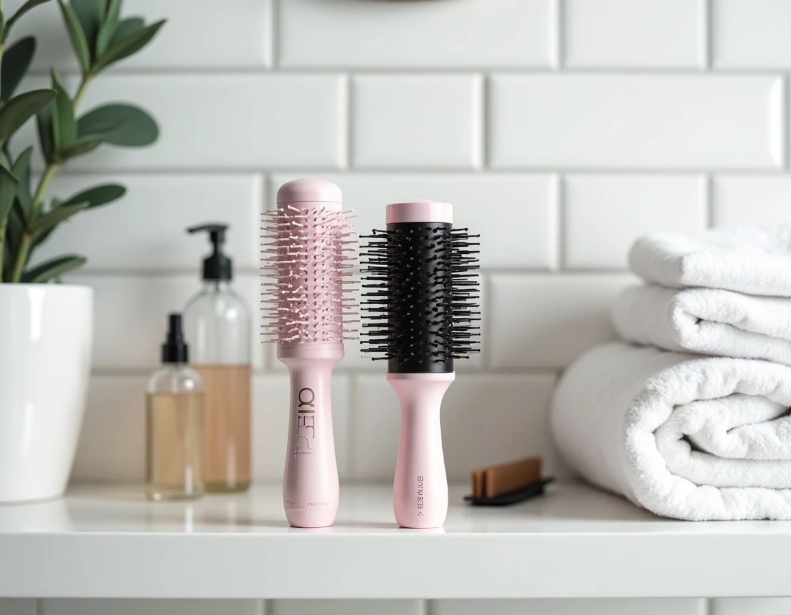 Comparaison de deux brosses soufflantes différentes posées sur une étagère de salle de bain blanche avec accessoires de coiffure