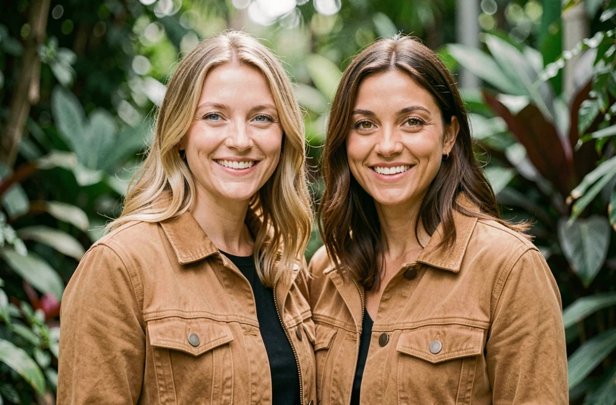 Comparaison des yeux gris et des yeux noisette sur deux femmes photographiées dans un jardin botanique