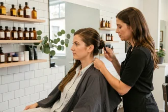 Femme aux longs cheveux bruns en consultation chez la coiffeuse avant une coupe courte dans un salon moderne