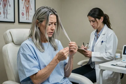 Femme aux cheveux décolorés par la bétadine consultant une dermatologue dans un cabinet médical