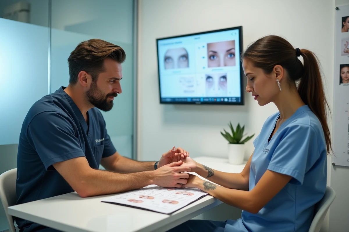 Consultation de détatouage laser entre un spécialiste et une cliente dans un cabinet esthétique parisien, discussion sur le bilan cutané
