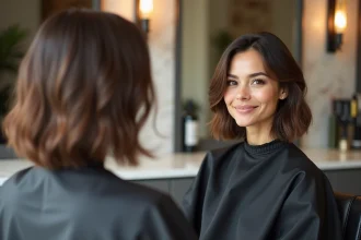 Femme aux cheveux fins avec une coupe au carré volumisé et structuré dans un salon de coiffure moderne